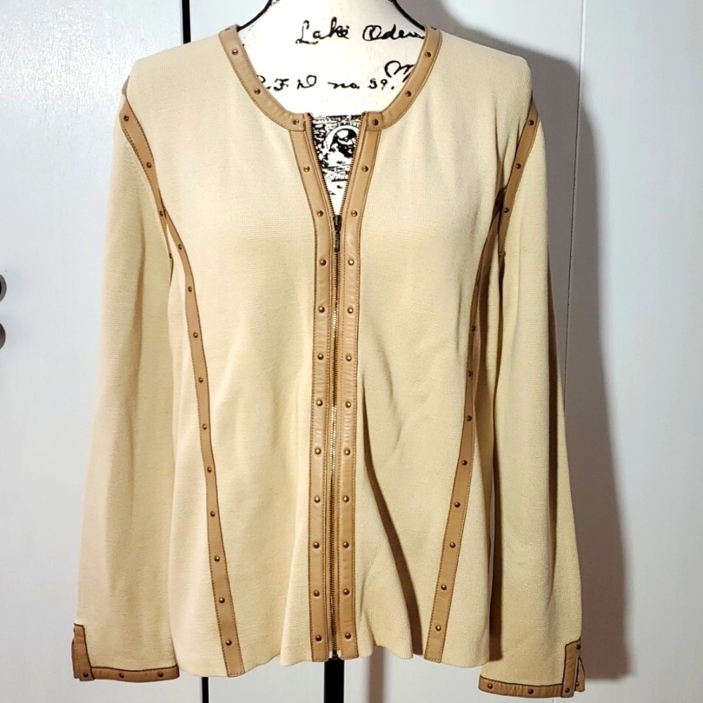 Sigrid Olsen- Womens Cream Silk & Leather Trimmed Cardigan Coat Sz.Large